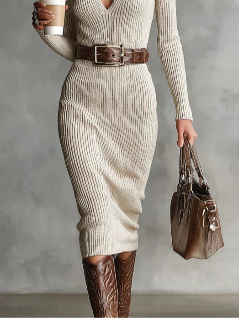 Woman wearing a ribbed knit winter dress