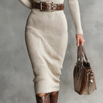 Woman wearing a ribbed knit winter dress