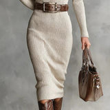 Woman wearing a ribbed knit winter dress