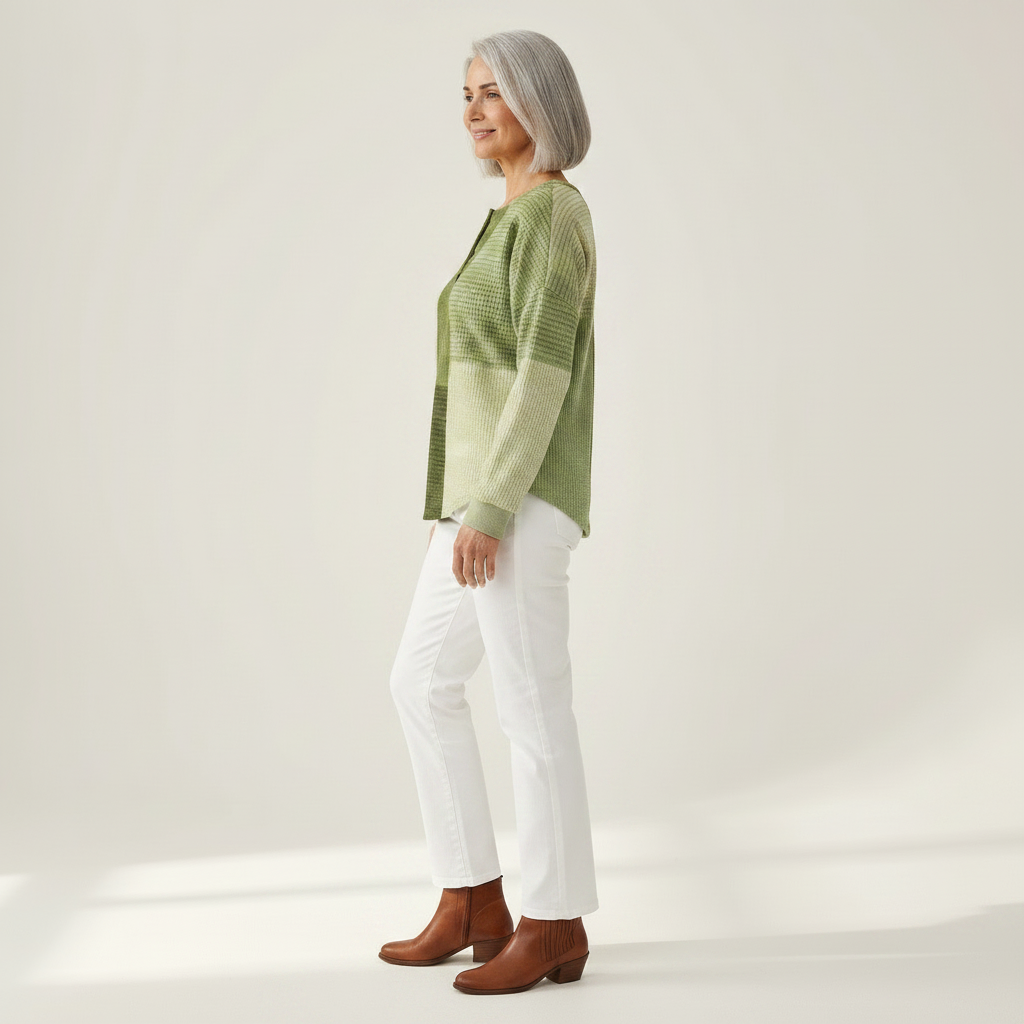 Nora green patterned jumper, side view