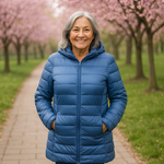 Woman wearing an indigo long padded jacket