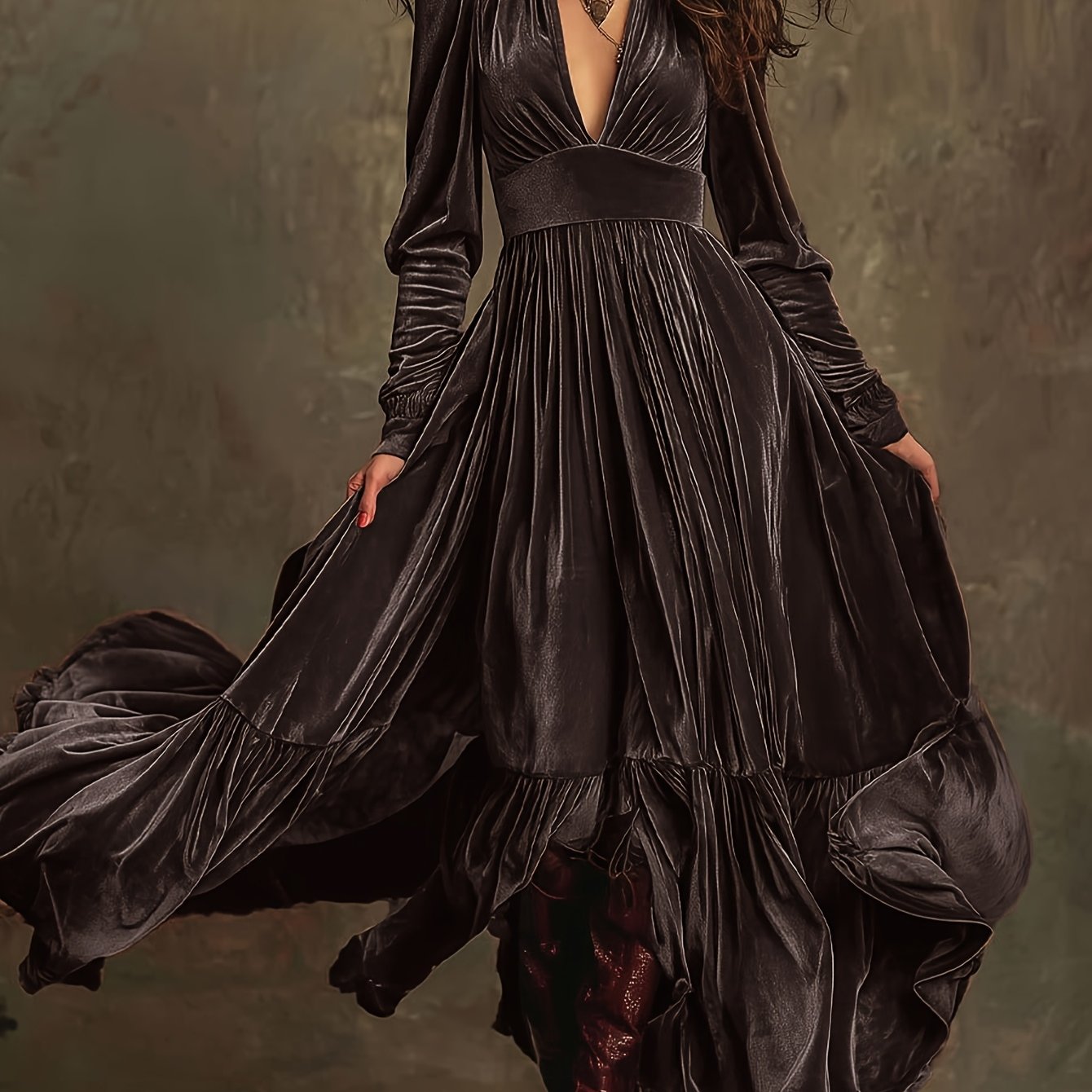 Woman wearing a deep V-neck pleated maxi dress