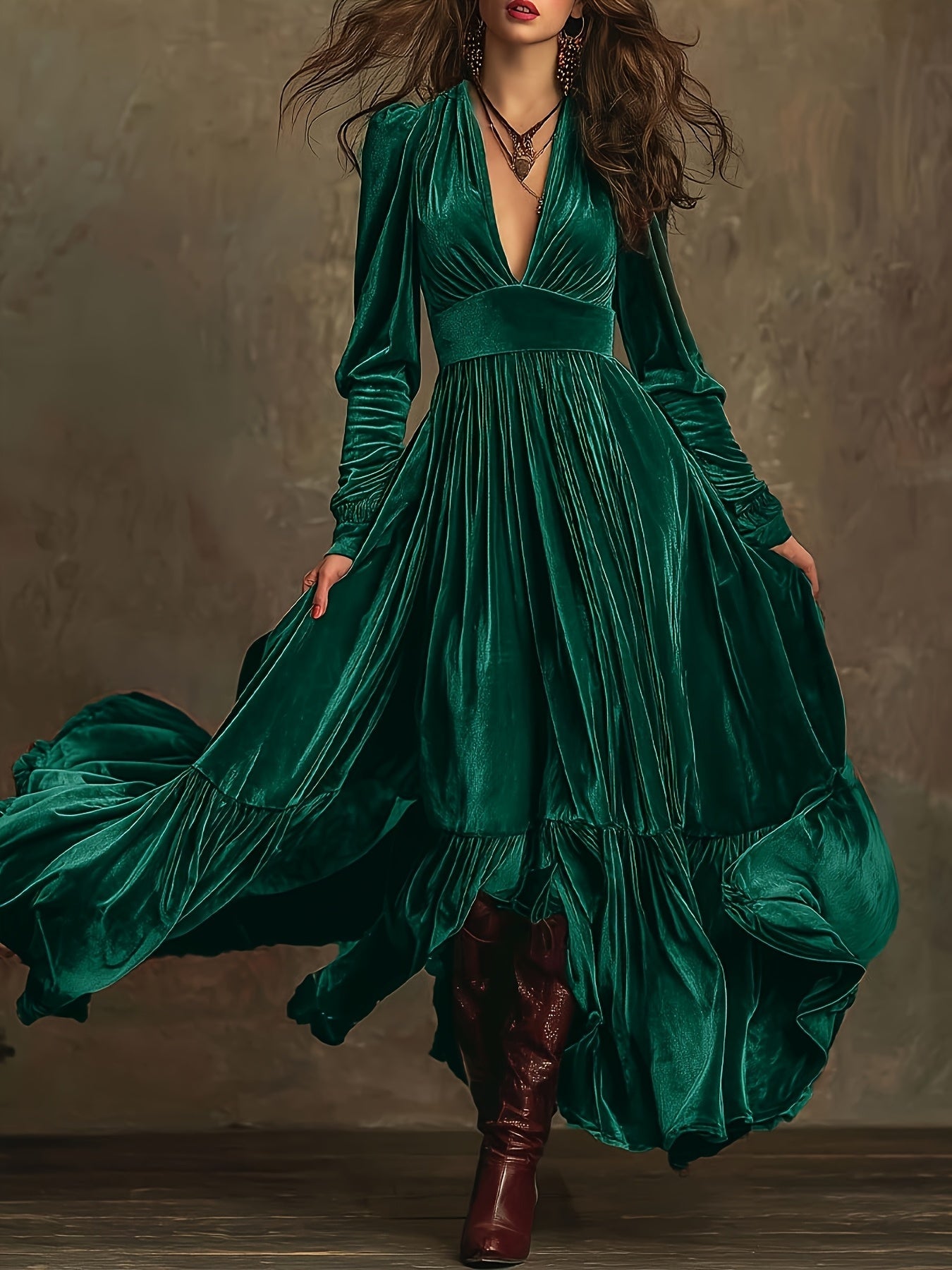 Woman wearing a deep V-neck pleated maxi dress