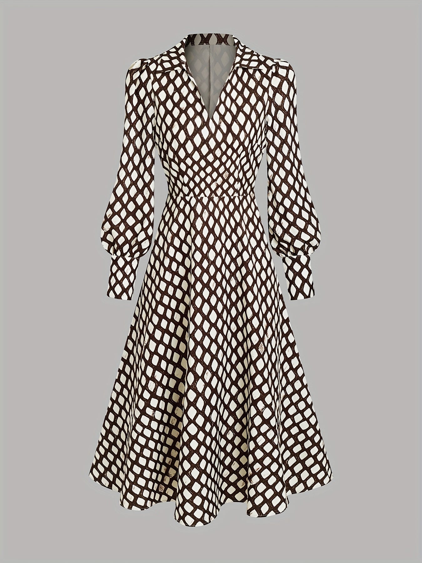 Woman wearing a rhombus print dress with belted waist