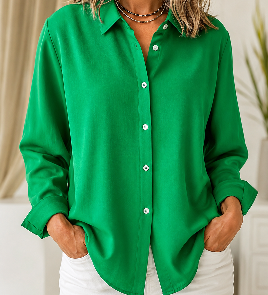 Woman wearing a blush pink relaxed button-front blouse