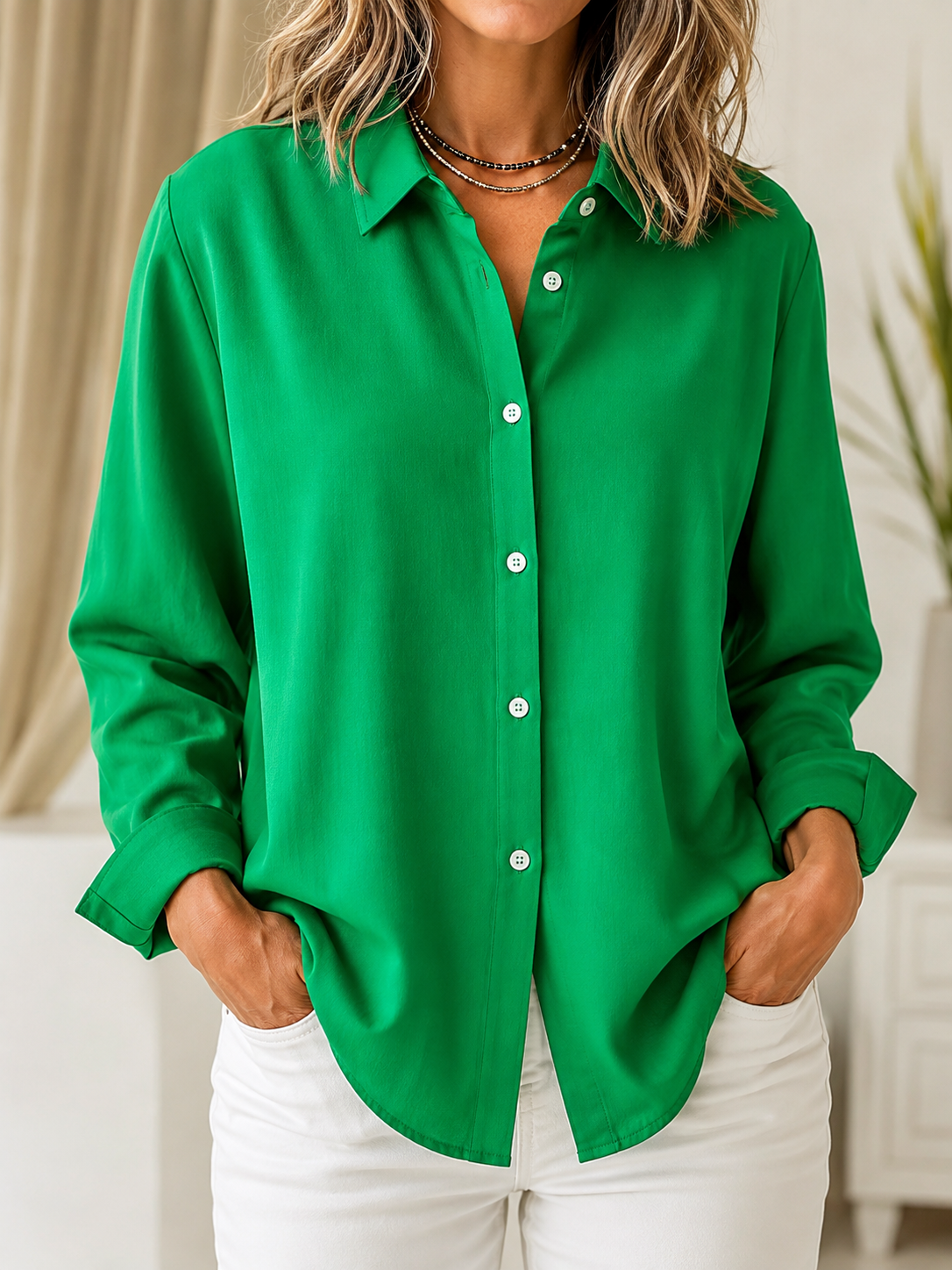 Woman wearing a blush pink relaxed button-front blouse
