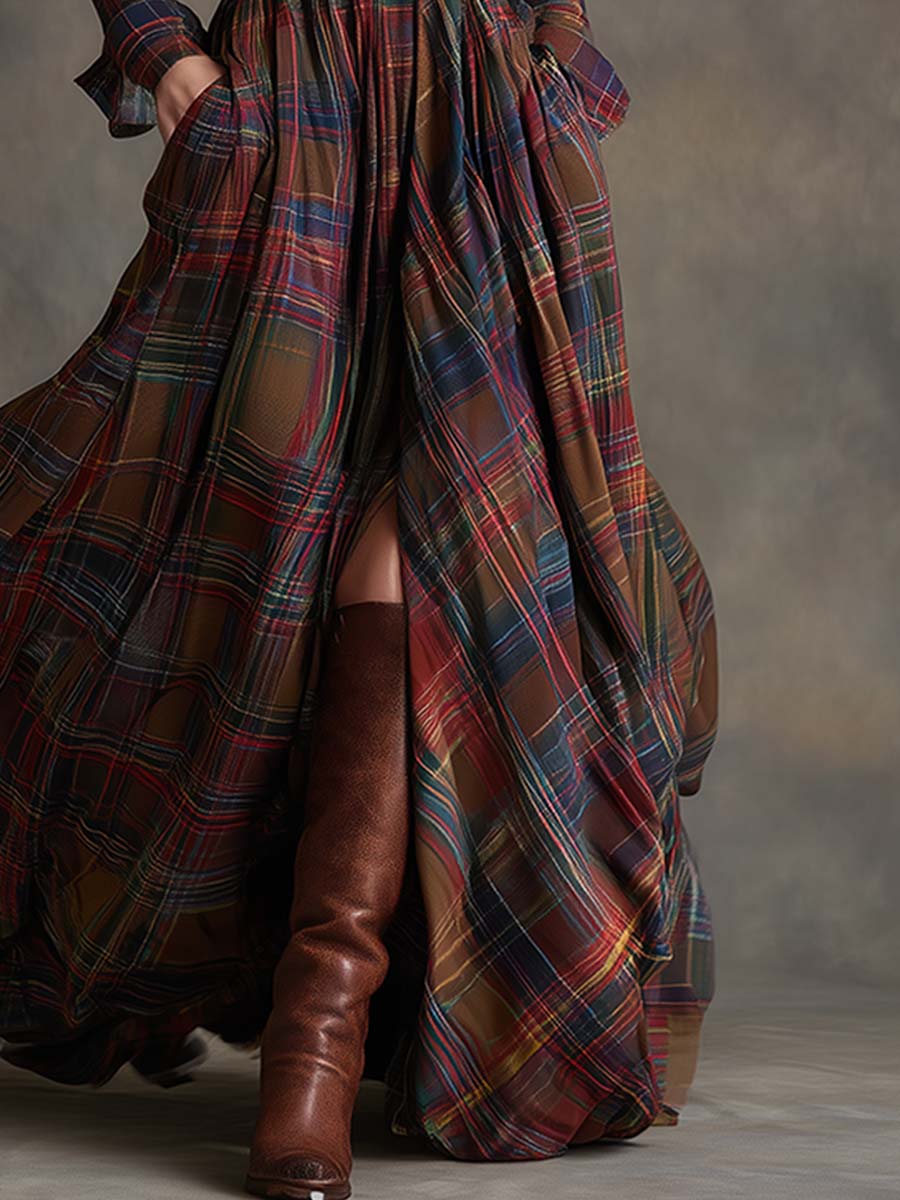 Woman wearing a belted plaid shirt dress with structured collar and flared skirt