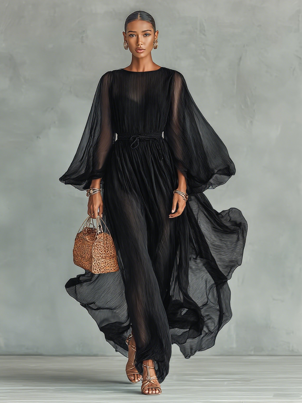 Woman wearing a statement sleeve pleated midi dress