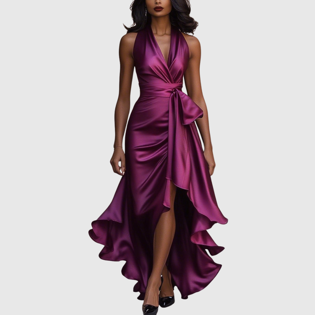 Woman wearing an evening wrap maxi dress with high slit