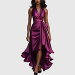 Woman wearing an evening wrap maxi dress with high slit