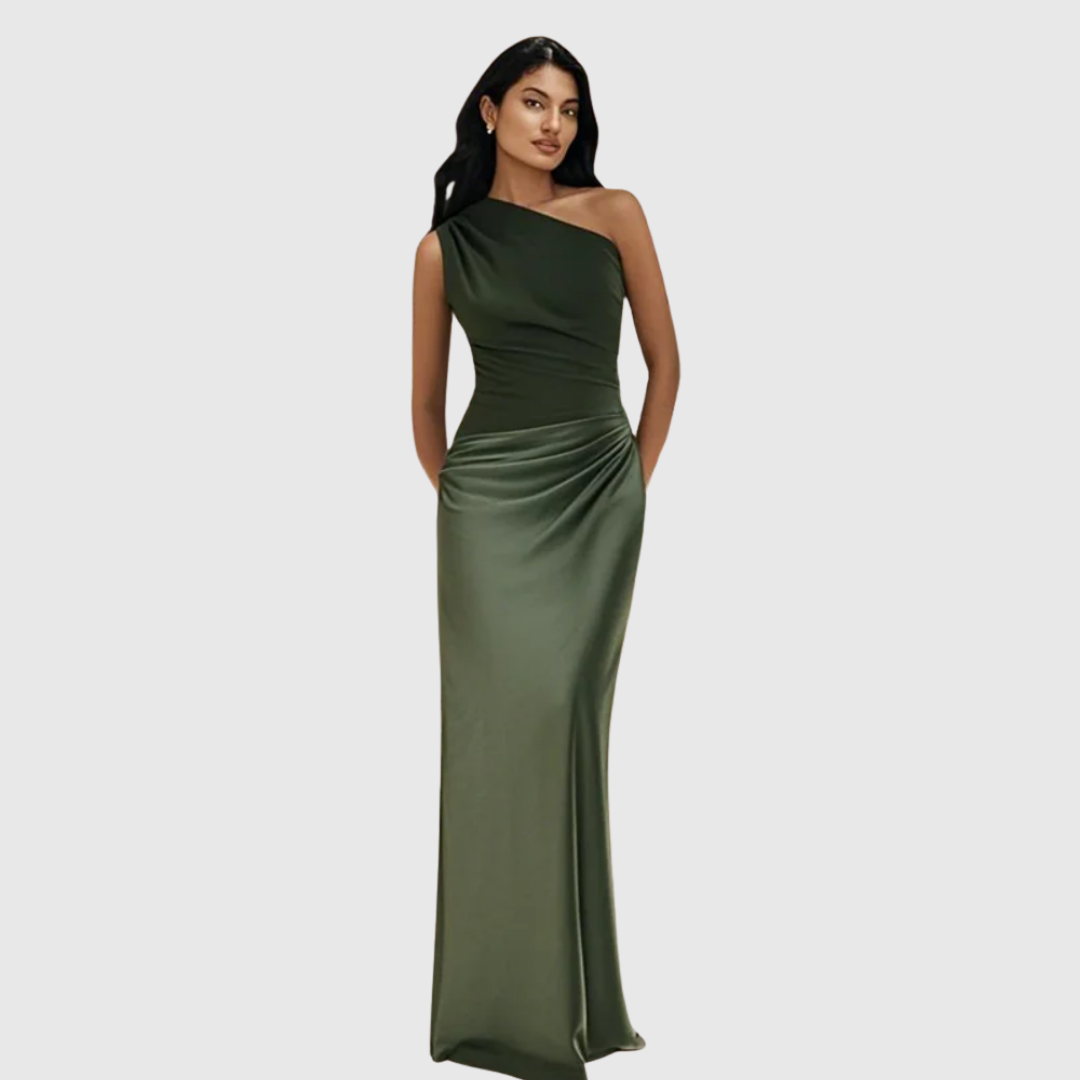 Woman wearing a one-shoulder satin maxi dress