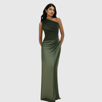 Woman wearing a one-shoulder satin maxi dress