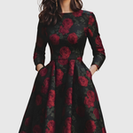 Woman wearing a floral print A-line maxi dress