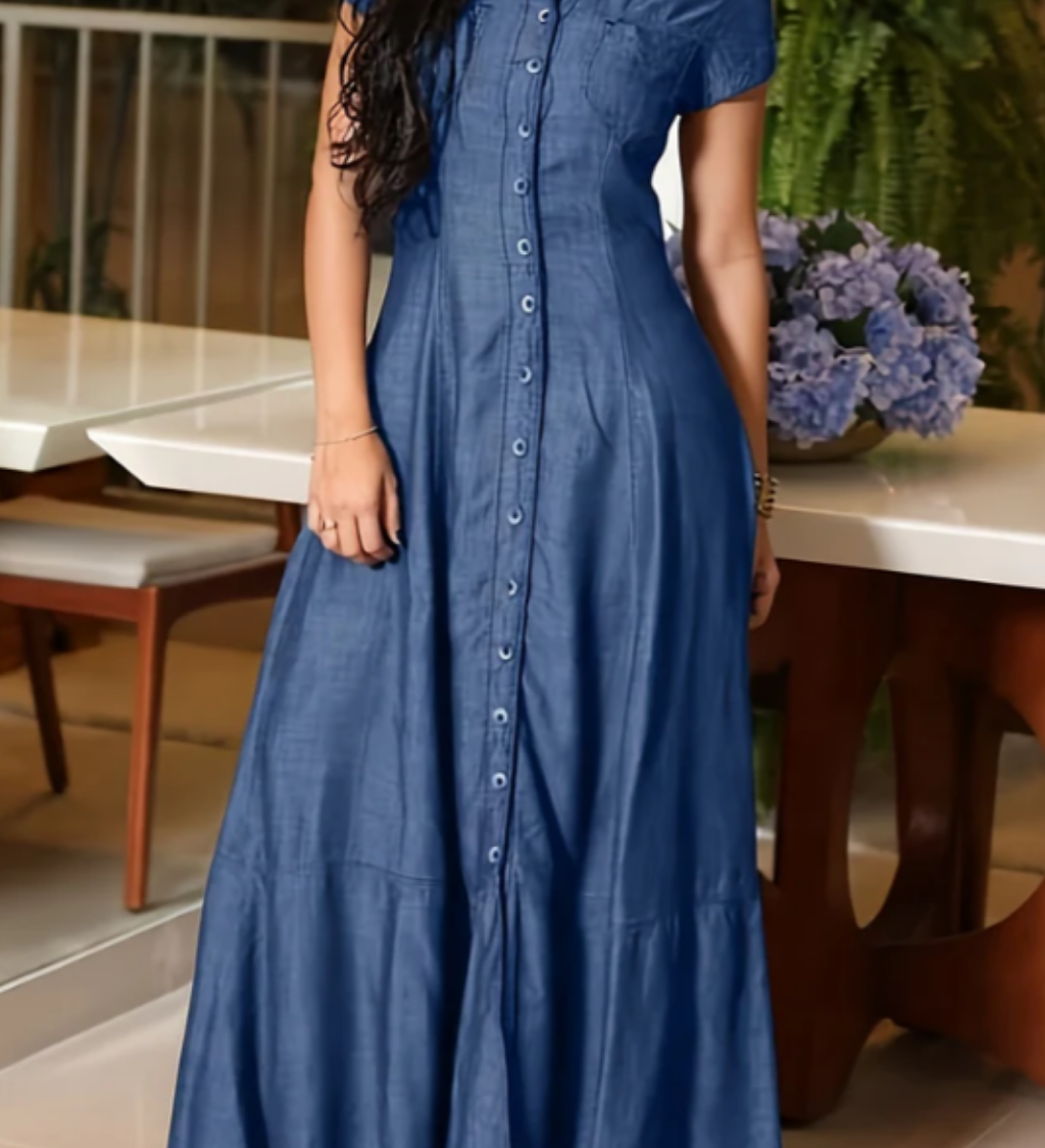 Woman wearing a long shirt-style denim dress