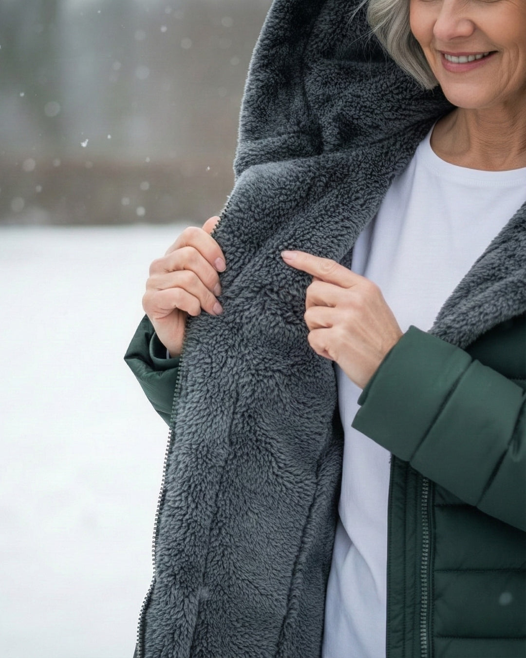 Woman wearing a fleece-lined quilted padded jacket with a shaped waist