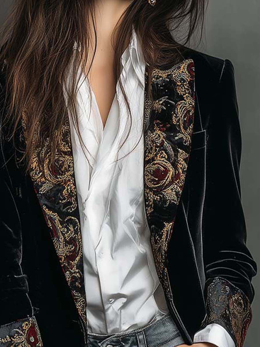 Woman wearing a long slim baroque print blazer