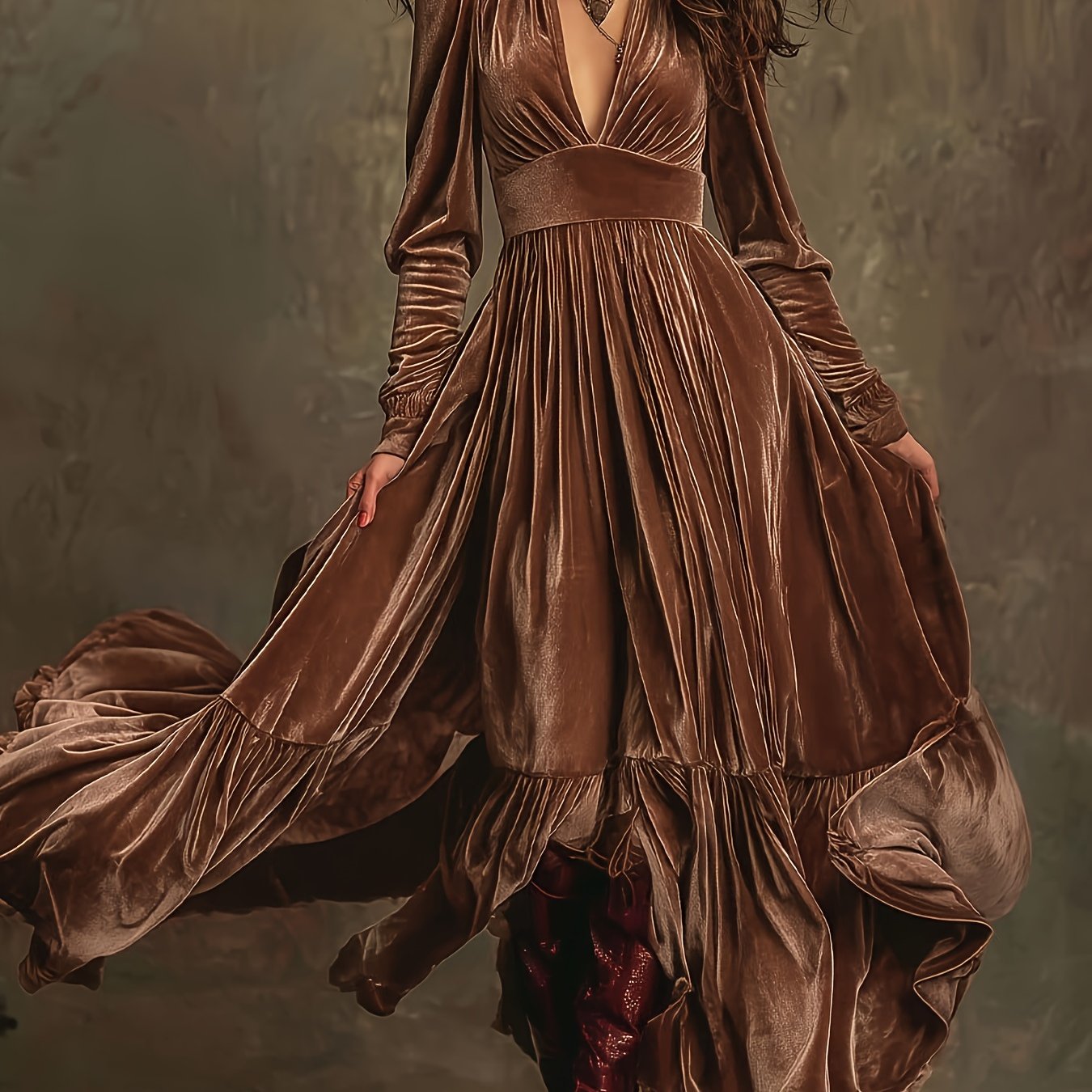 Woman wearing a deep V-neck pleated maxi dress