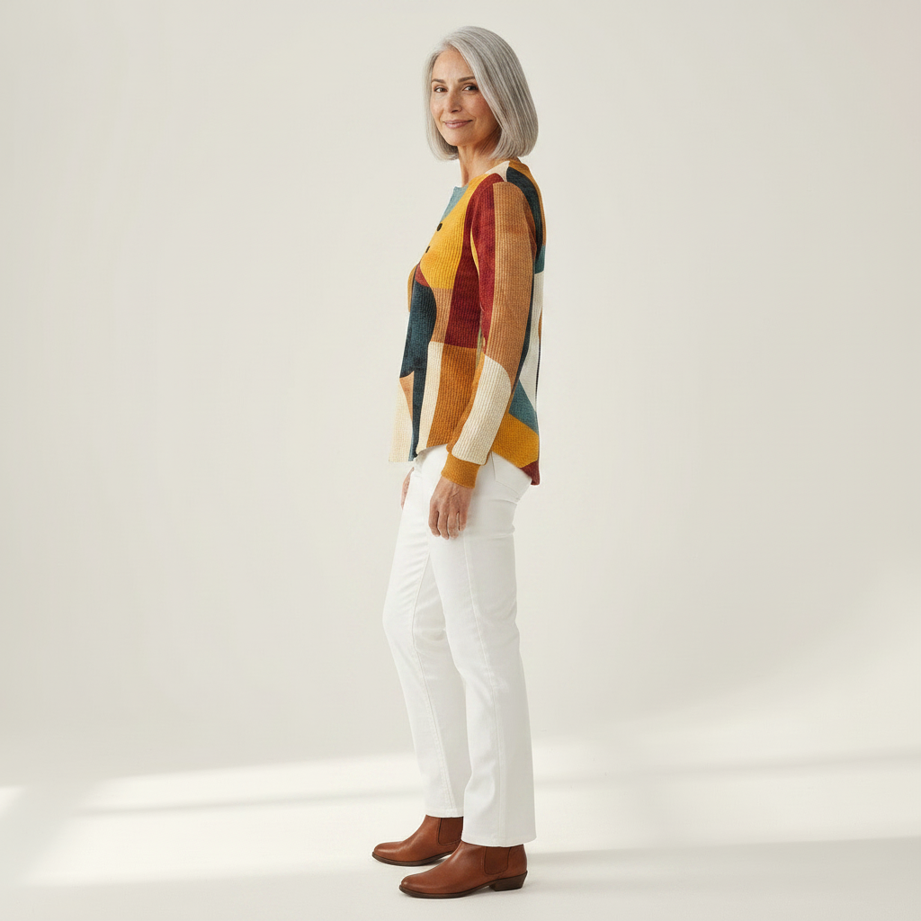 Léa geometric waffle-knit patterned jumper worn with white trousers, side view