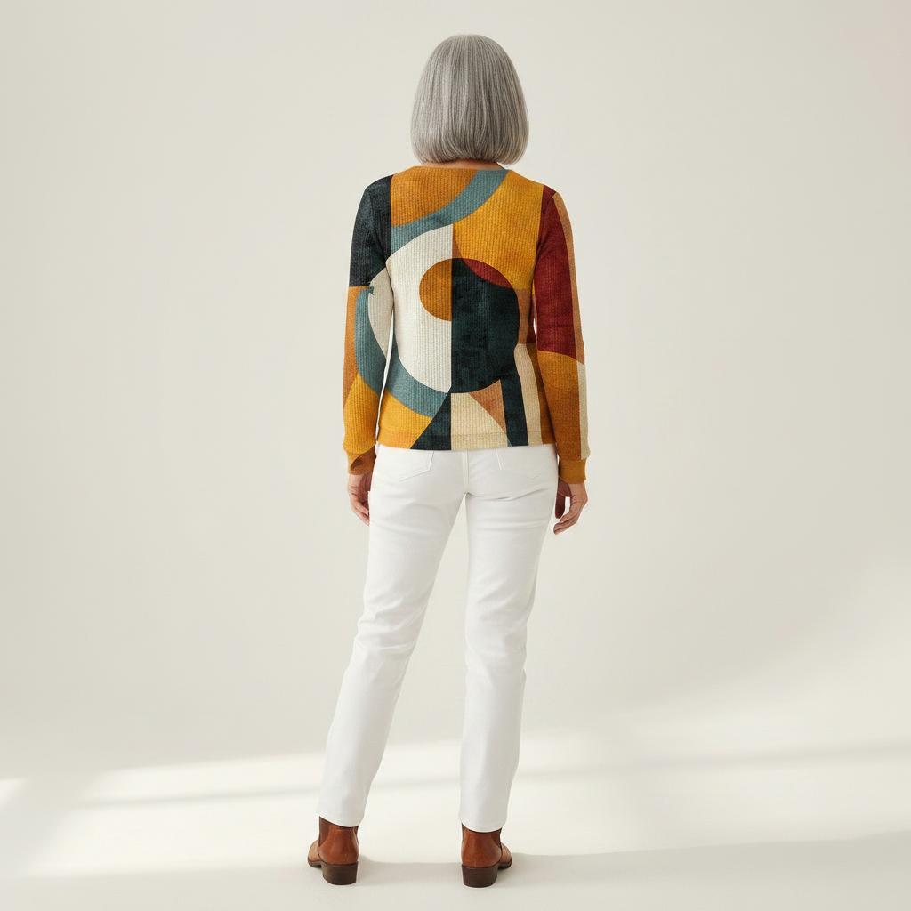 Léa geometric waffle-knit patterned jumper, back view showing colour-block pattern