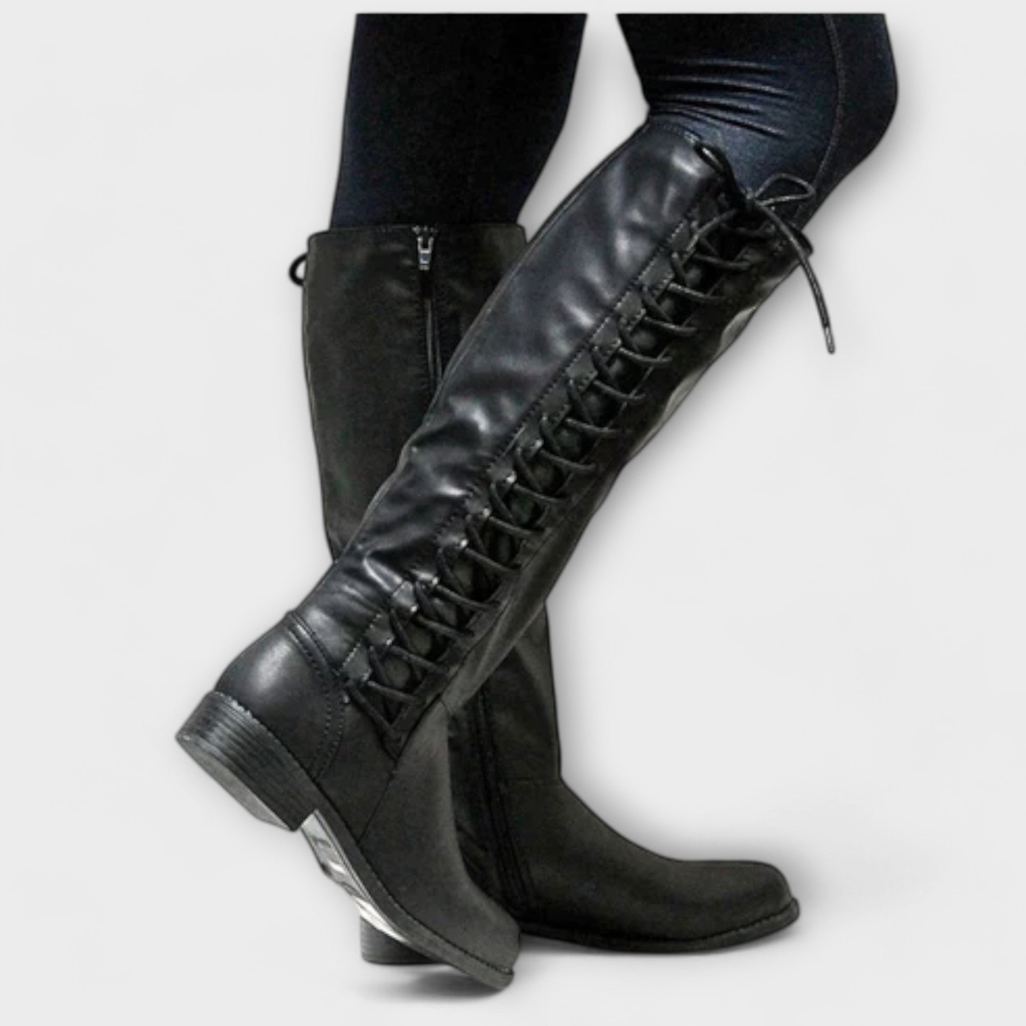 Agnes Lace-Up Knee-High Boots in Black, side view