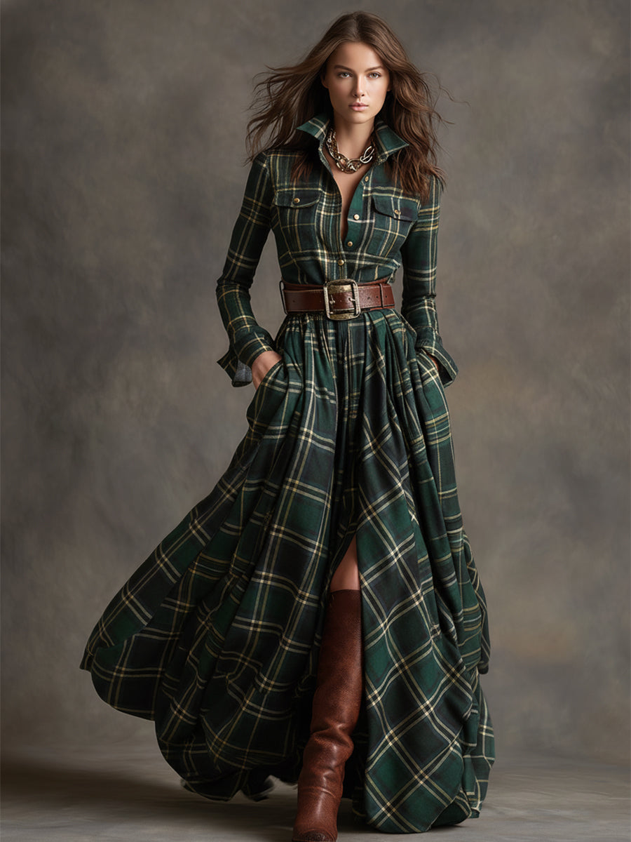 Woman wearing a belted plaid shirt dress with structured collar and flared skirt