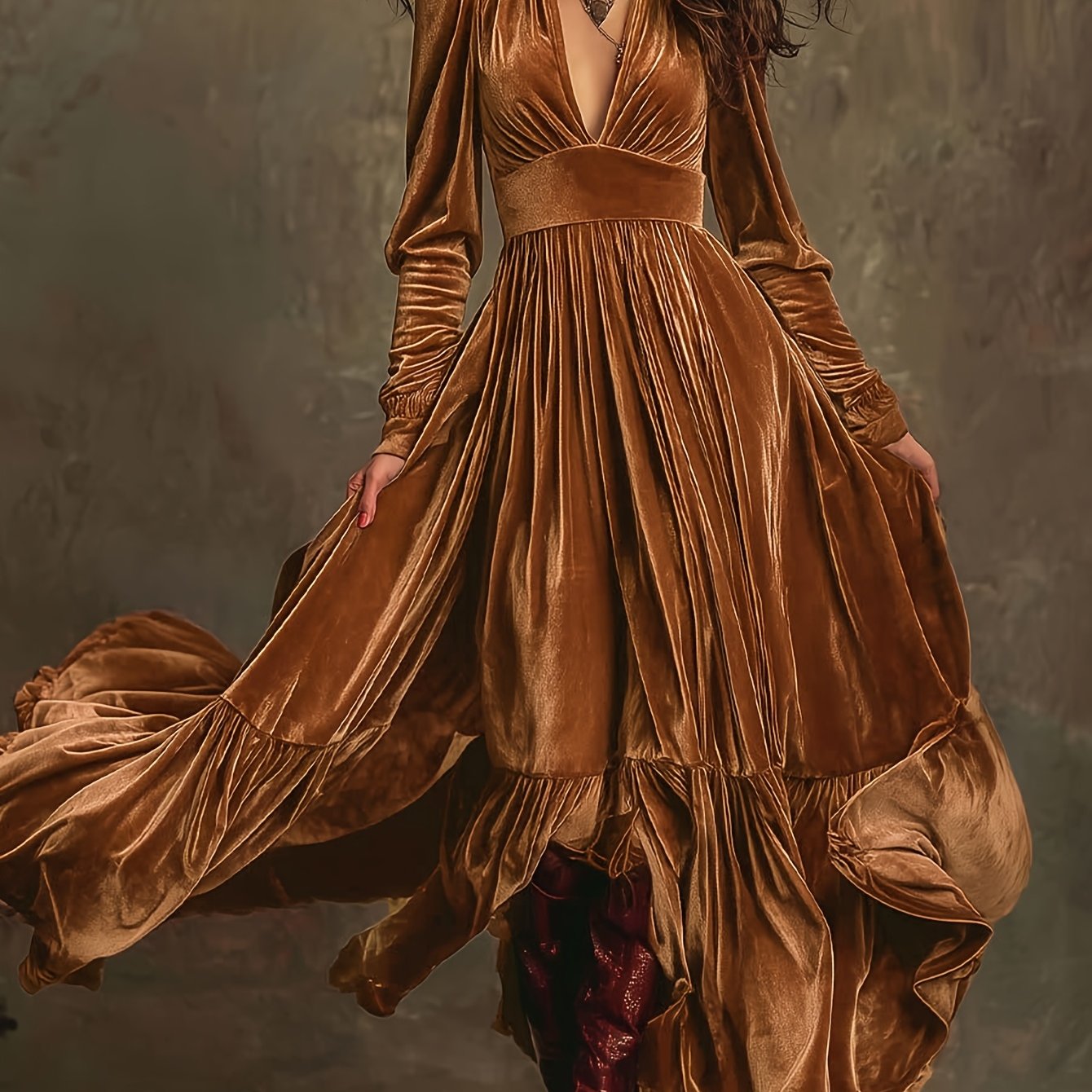 Woman wearing a deep V-neck pleated maxi dress