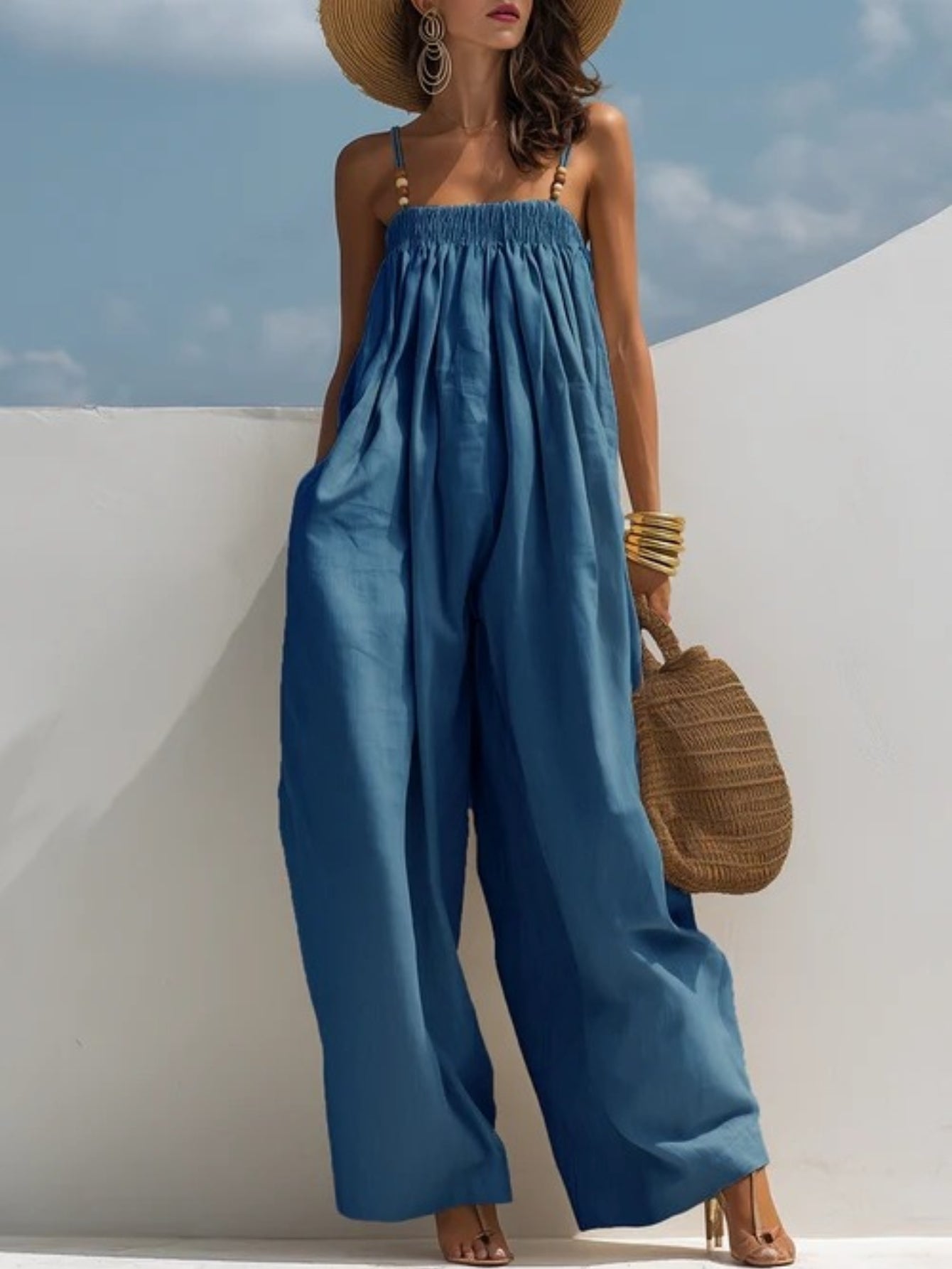 Woman wearing a wide-leg denim jumpsuit
