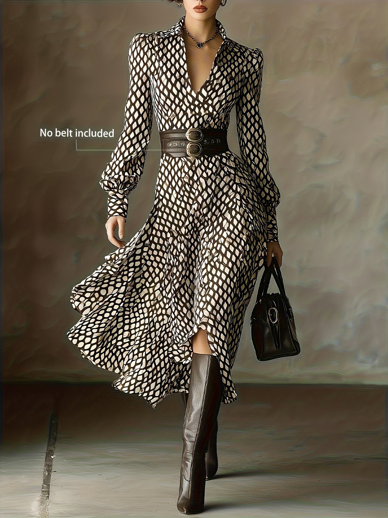 Woman wearing a rhombus print dress with belted waist