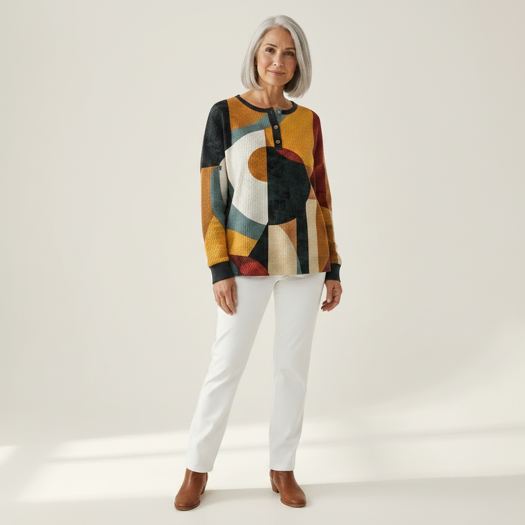 Léa geometric waffle-knit patterned jumper, close-up of colour-block print and button neckline