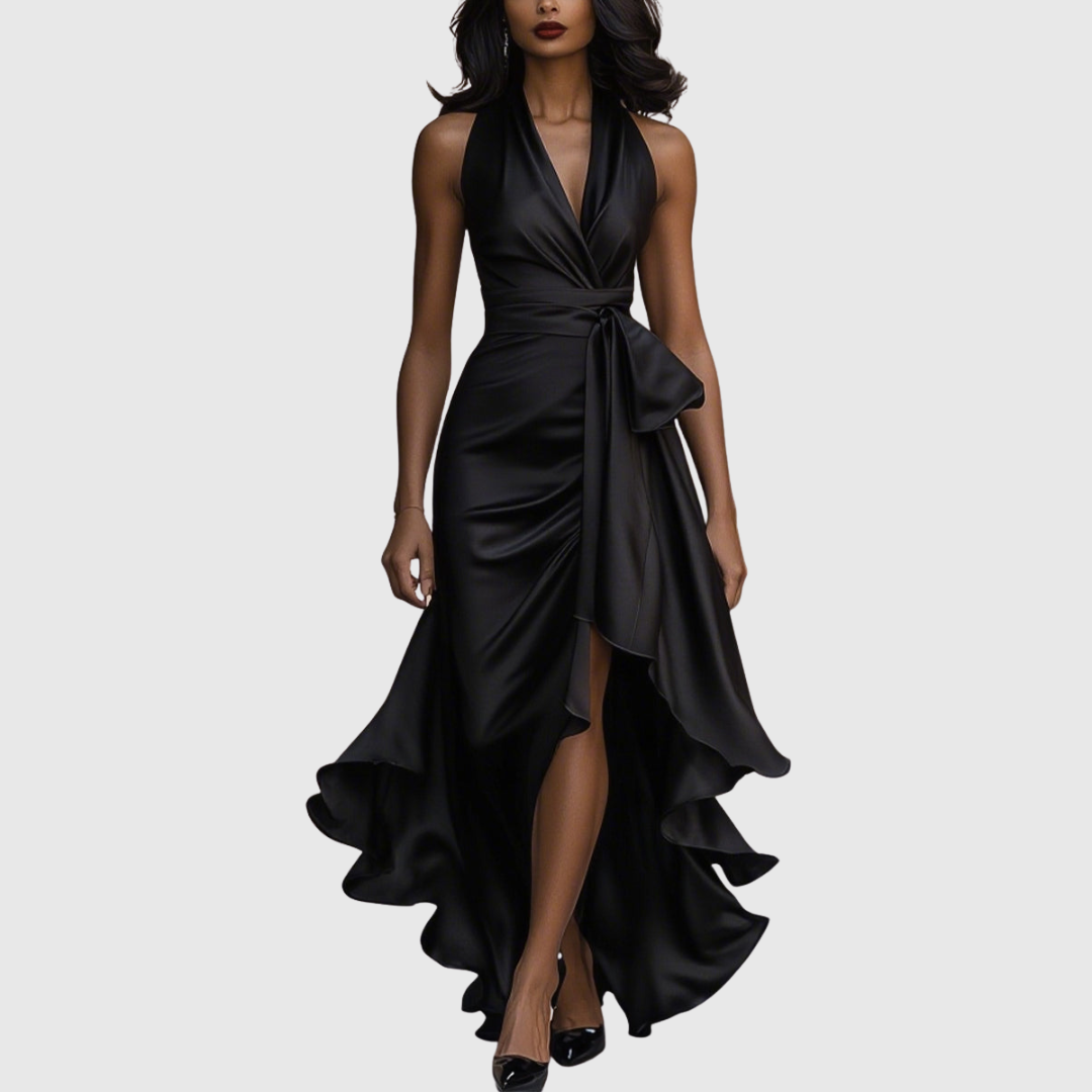 Woman wearing an evening wrap maxi dress with high slit