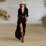 Woman wearing a button-front boho maxi dress with belt