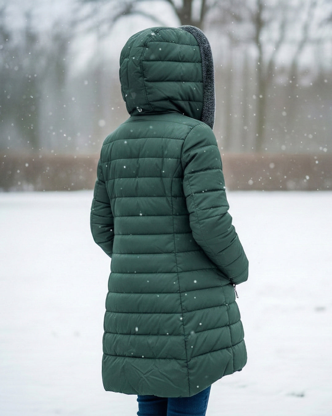 Woman wearing a fleece-lined quilted padded jacket with a shaped waist