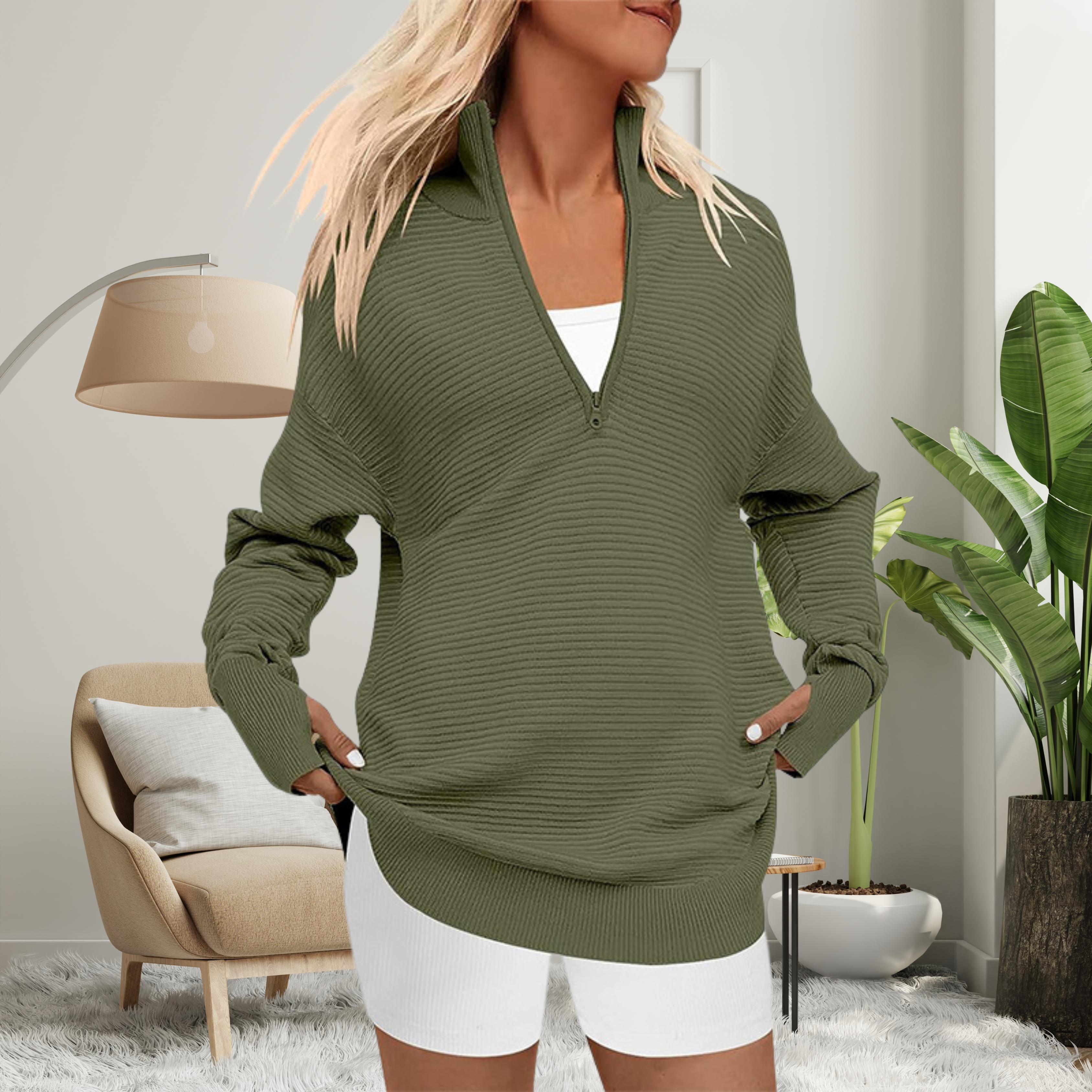 Longline Zip-Neck Pullover by Eleanor Vale