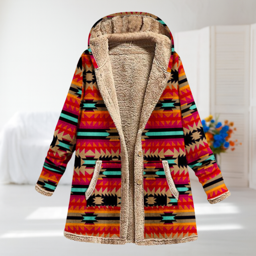 Serafina Vibrant Orange Printed Hooded Coat - aztec print sherpa-lined hooded coat
