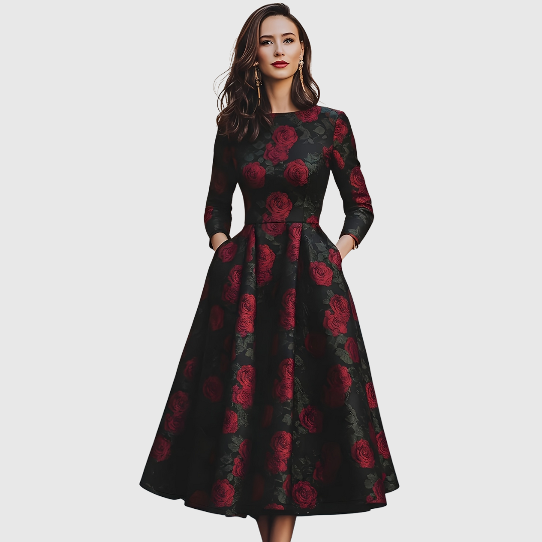 Woman wearing a floral print A-line maxi dress