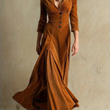 Woman wearing a button-front collar dress with 7/8 sleeves