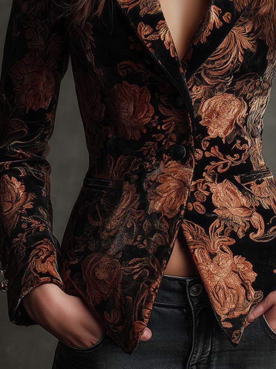 Woman wearing a black and bronze floral blazer