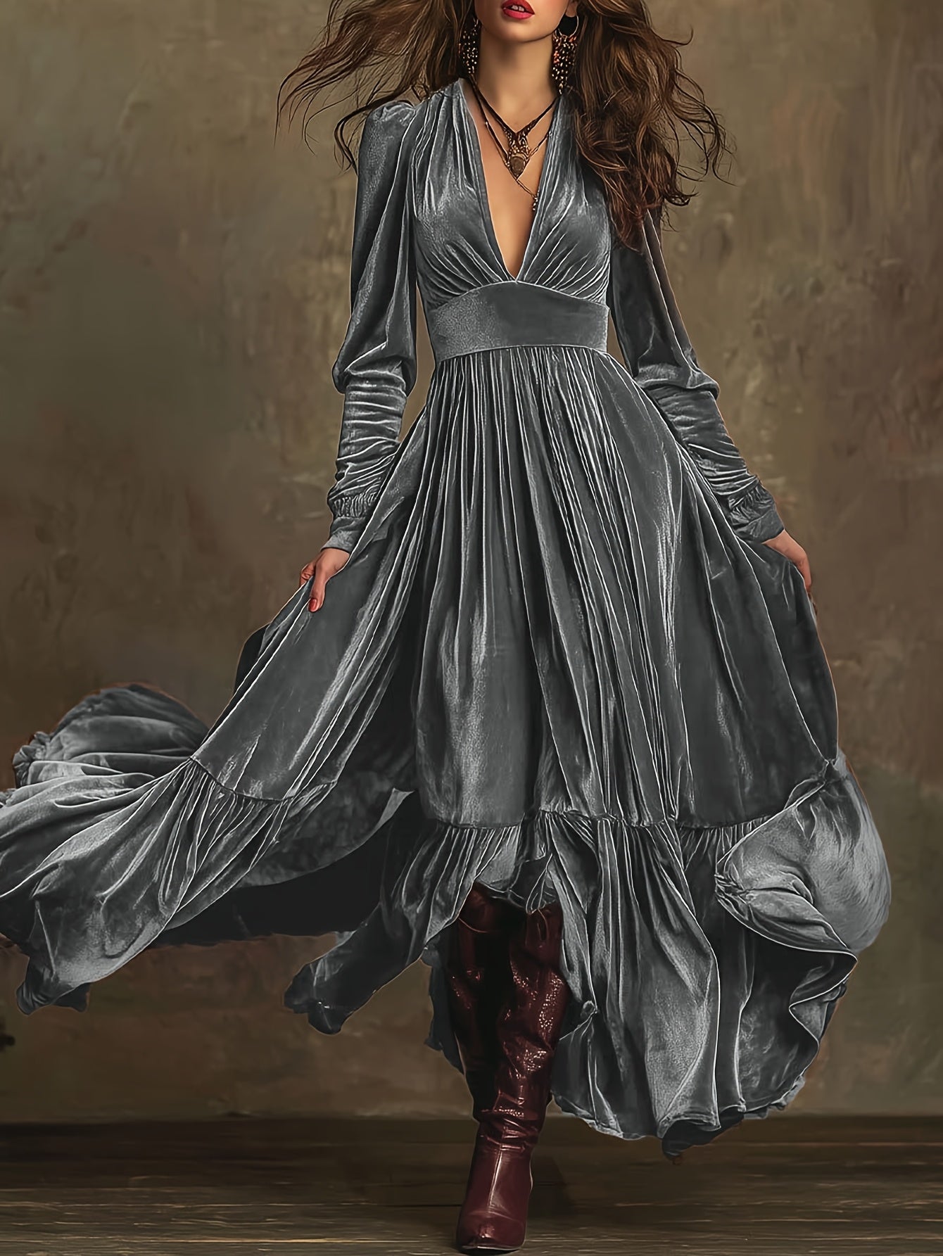 Woman wearing a deep V-neck pleated maxi dress