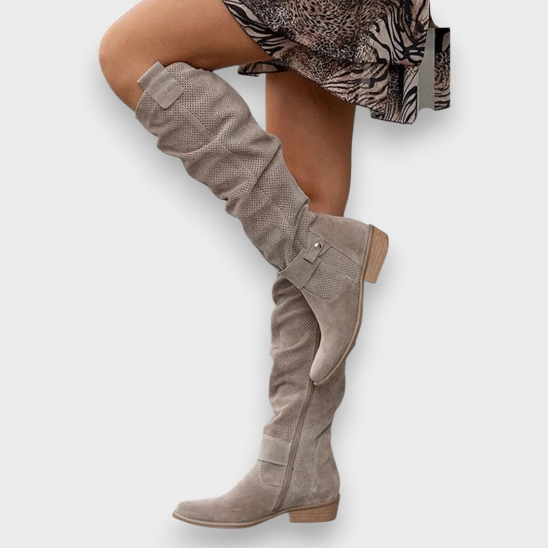 Estelle khaki slouchy suede knee-high boots, side detail with ankle strap