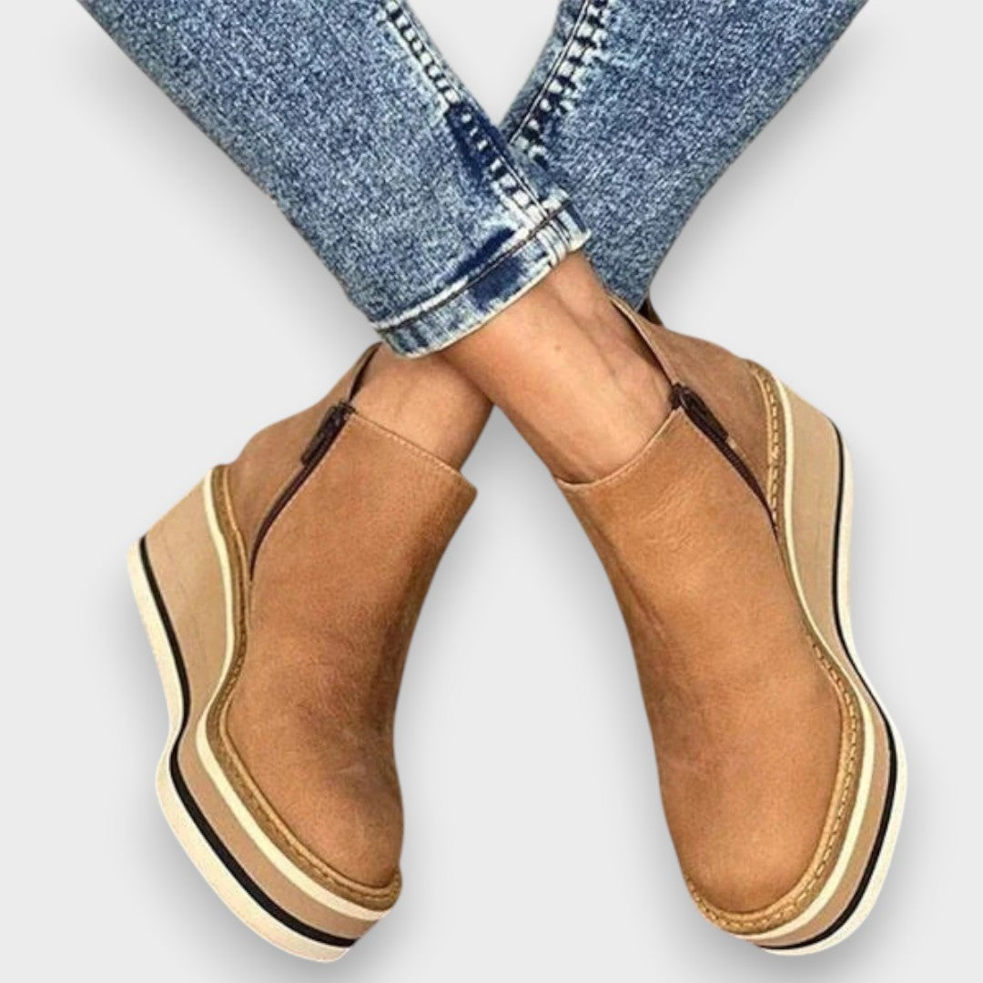 Maude Wedge Platform Ankle Boots in Brown leather-look, crossed-ankle view showing wedge sole