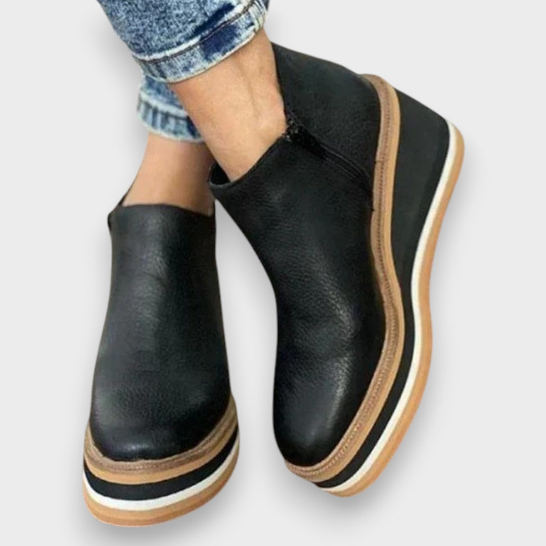Maude Wedge Platform Ankle Boots in Black leather-look, close-up showing side zip and wedge sole
