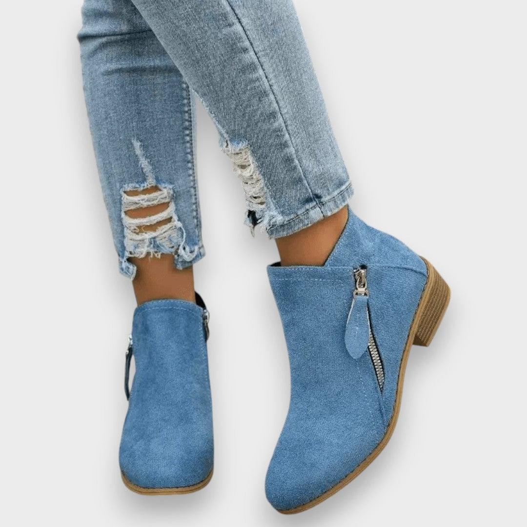 Elsie suede-look side-zip ankle boots in blue, close-up of zip detail
