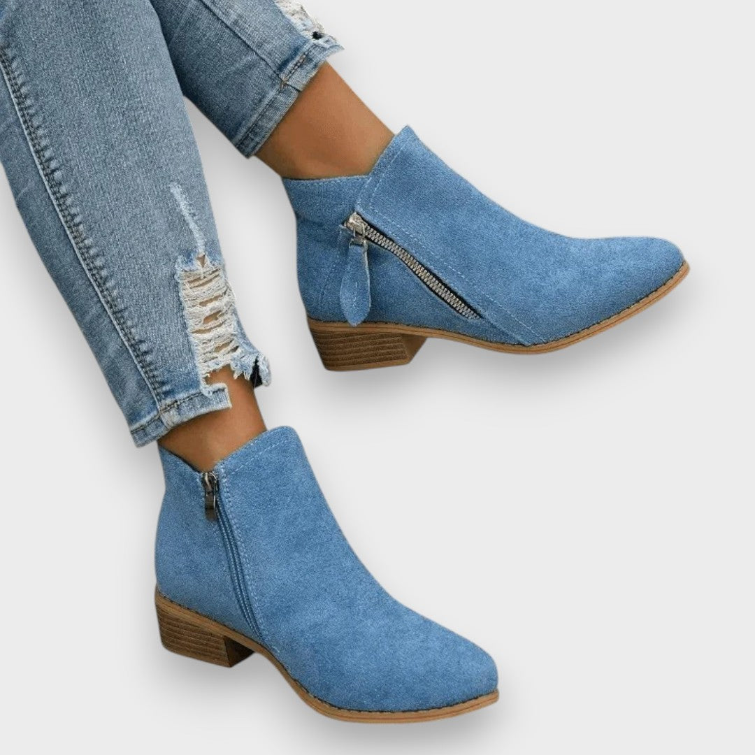 Elsie suede-look side-zip ankle boots in blue, angled pair view