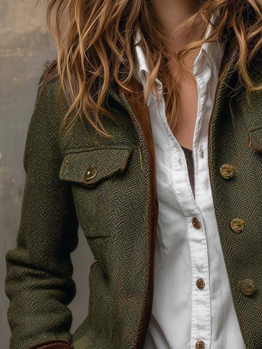 Woman wearing a herringbone blazer with contrast trim