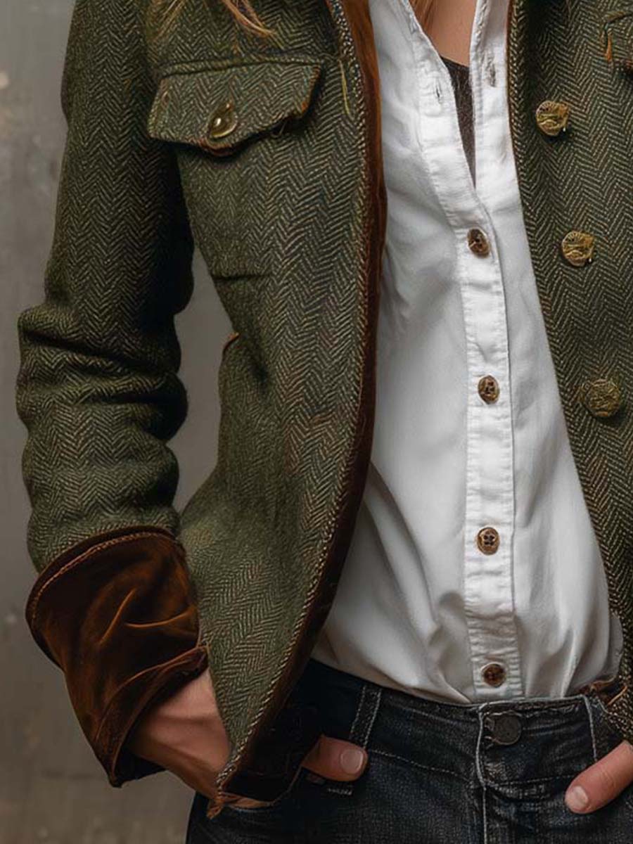 Woman wearing a herringbone blazer with contrast trim