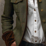 Woman wearing a herringbone blazer with contrast trim