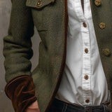 Woman wearing a herringbone blazer with contrast trim