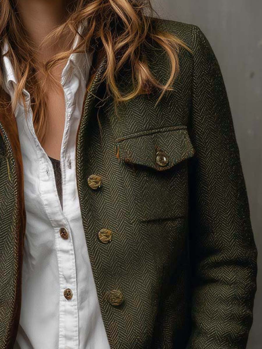 Woman wearing a herringbone blazer with contrast trim