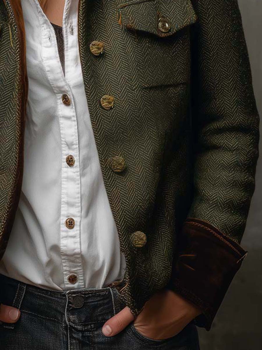 Woman wearing a herringbone blazer with contrast trim