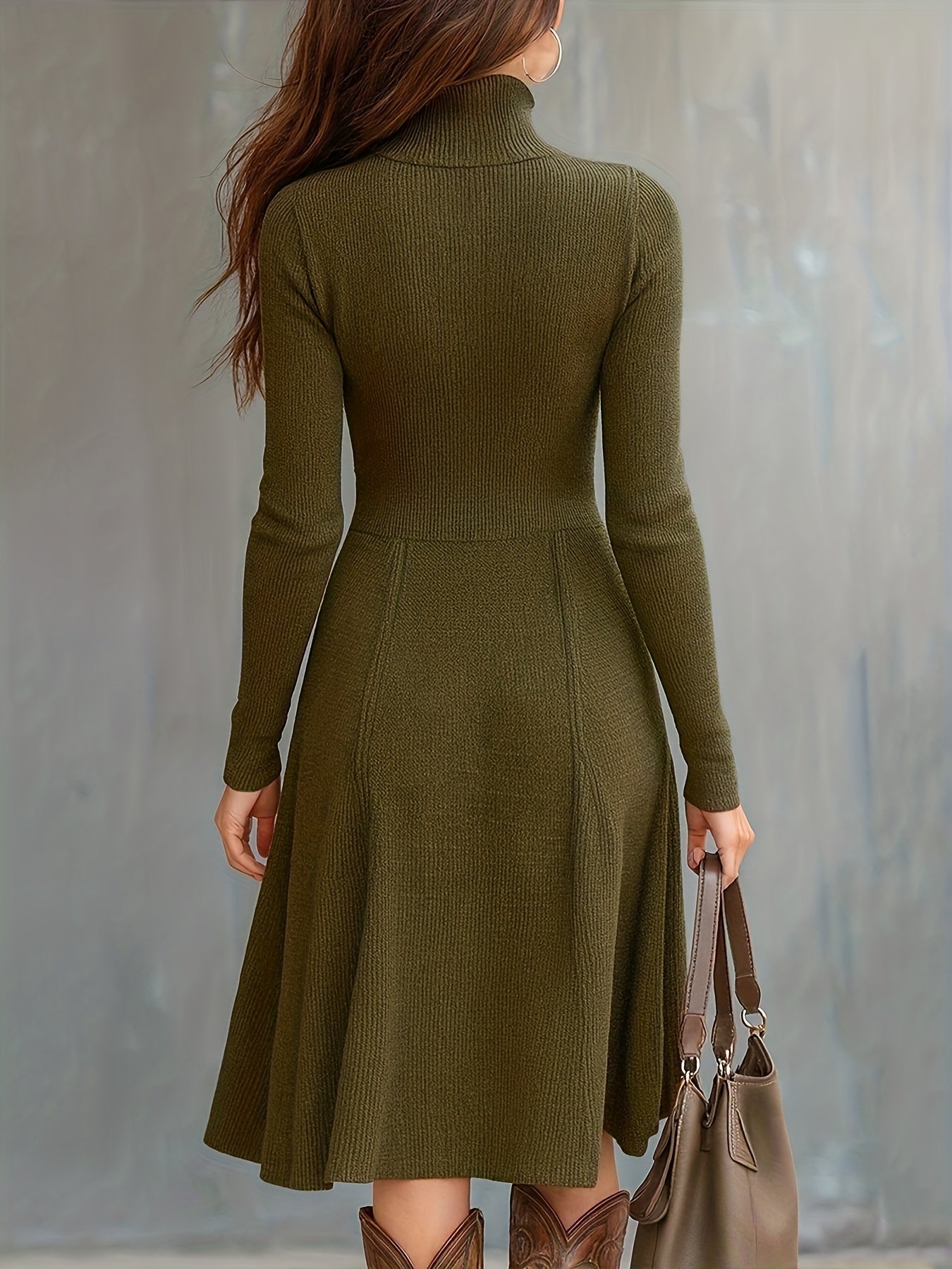Woman wearing a zip-front long-sleeve stretch dress